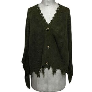 Full circle Trends Hunter Green Distressed Shredded Button Cardigan Size Large